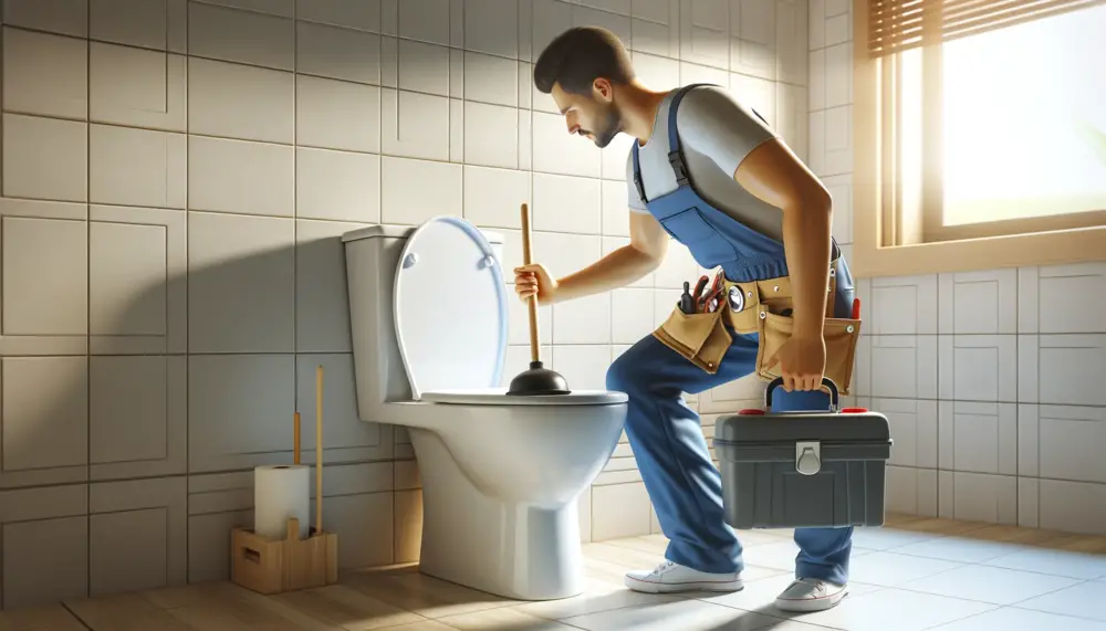 Plumber Using Plunger To Unclog Toilet